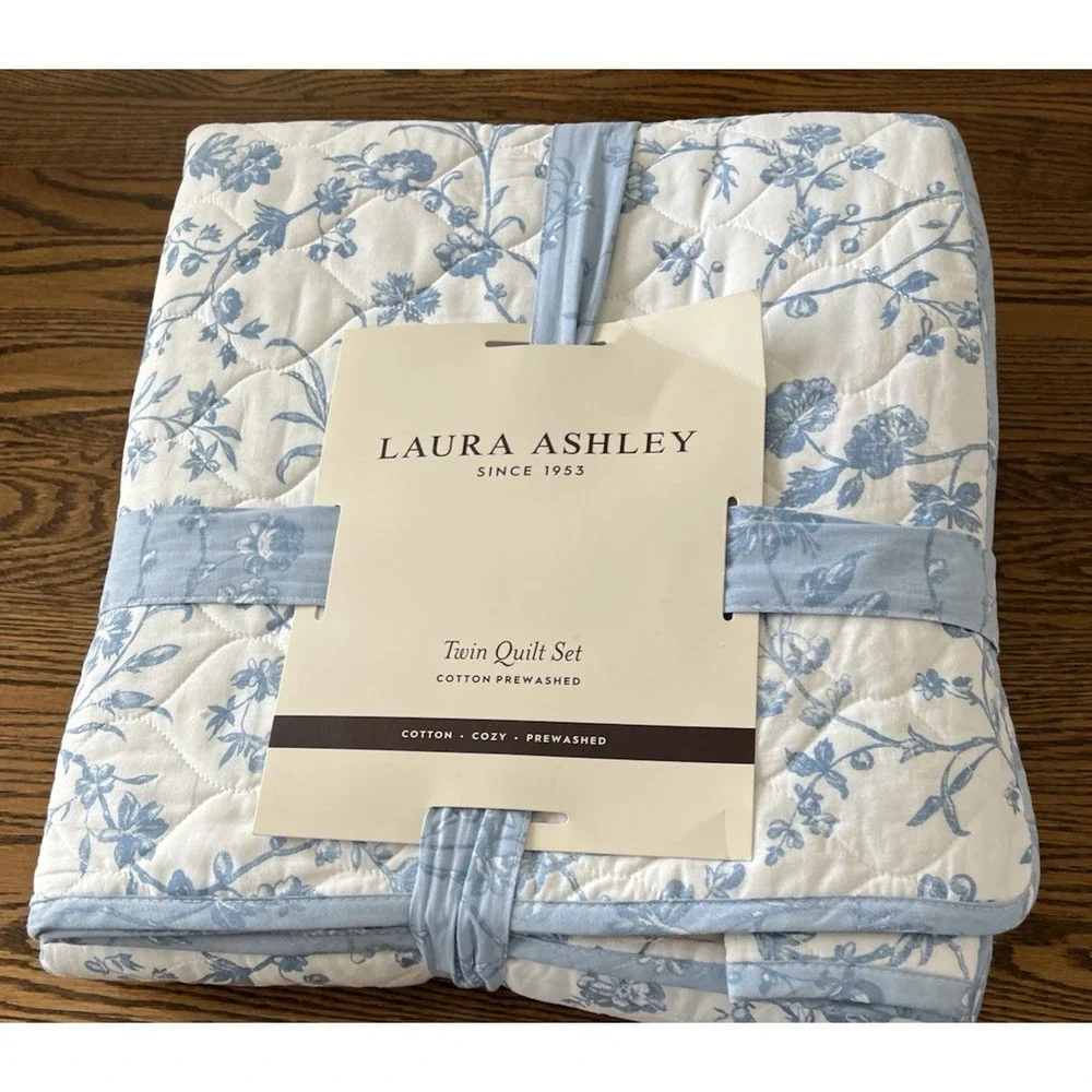 Laura Ashley Twin Quilt Sham Set Cotton Blue White Floral Dorm Room Cottagecoore